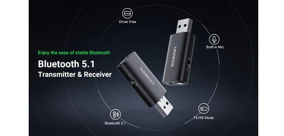 UGREEN 60300 Bluetooth 5.1 Transmitter Receiver - Black Feature 1