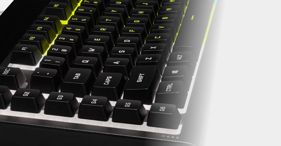 Corsair K55 RGB Gaming Keyboard – IP42 Dust and Water Resistance – 6  Programmable Macro Keys – Dedicated Media Keys - Detachable Palm Rest  Included