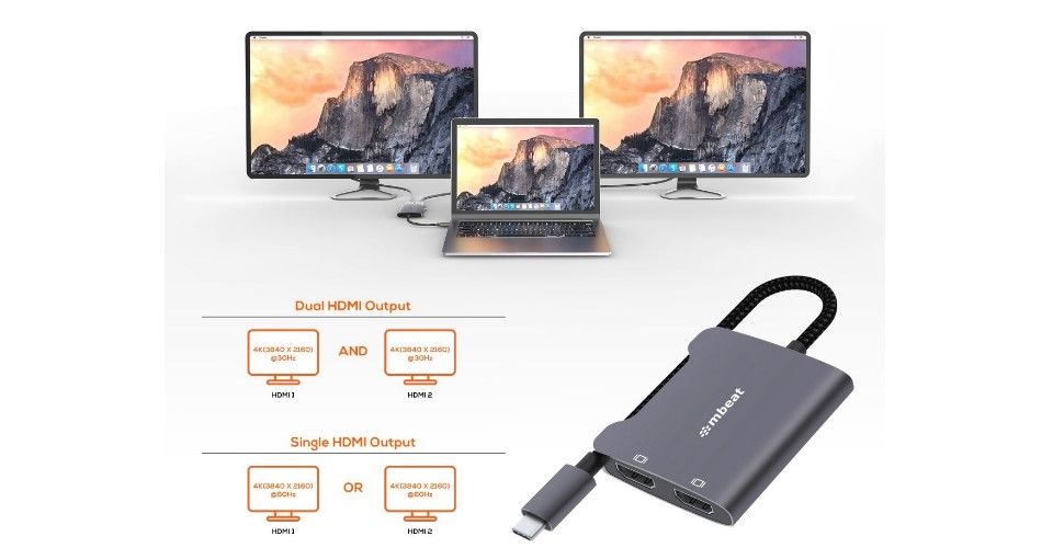 mbeat ToughLink USB-C to Dual 4K HDMI Adapter - Space Grey Feature 1